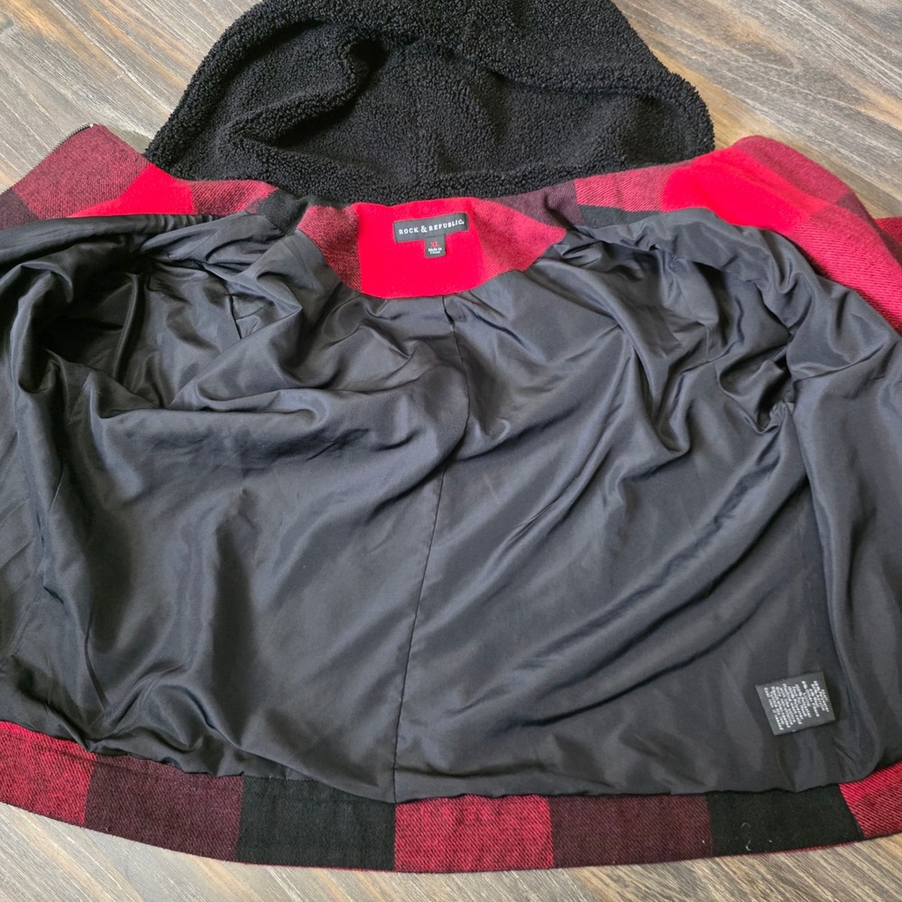 Rock‎ & Republic Red Buffalo Plaid Asymmetric Zip Sherpa Hood Jacket XL - Picture 2 of 8